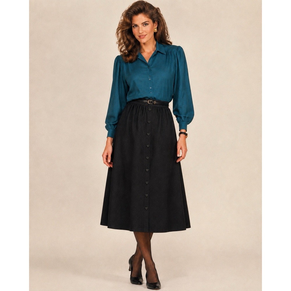 Vintage 1980s Winsome New York Black Button Front Midi Skirt Size 4 USA